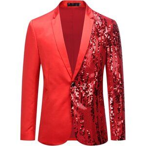 Men's Colorblocking Sequin - Red Stylish Dinner Tux Dress Blazer Slim Fit Coat